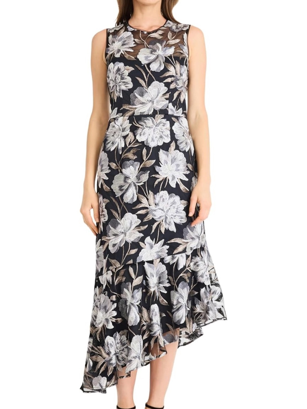 Maggy London Sleeveless Black Floral Mesh Asymmetrical Dress